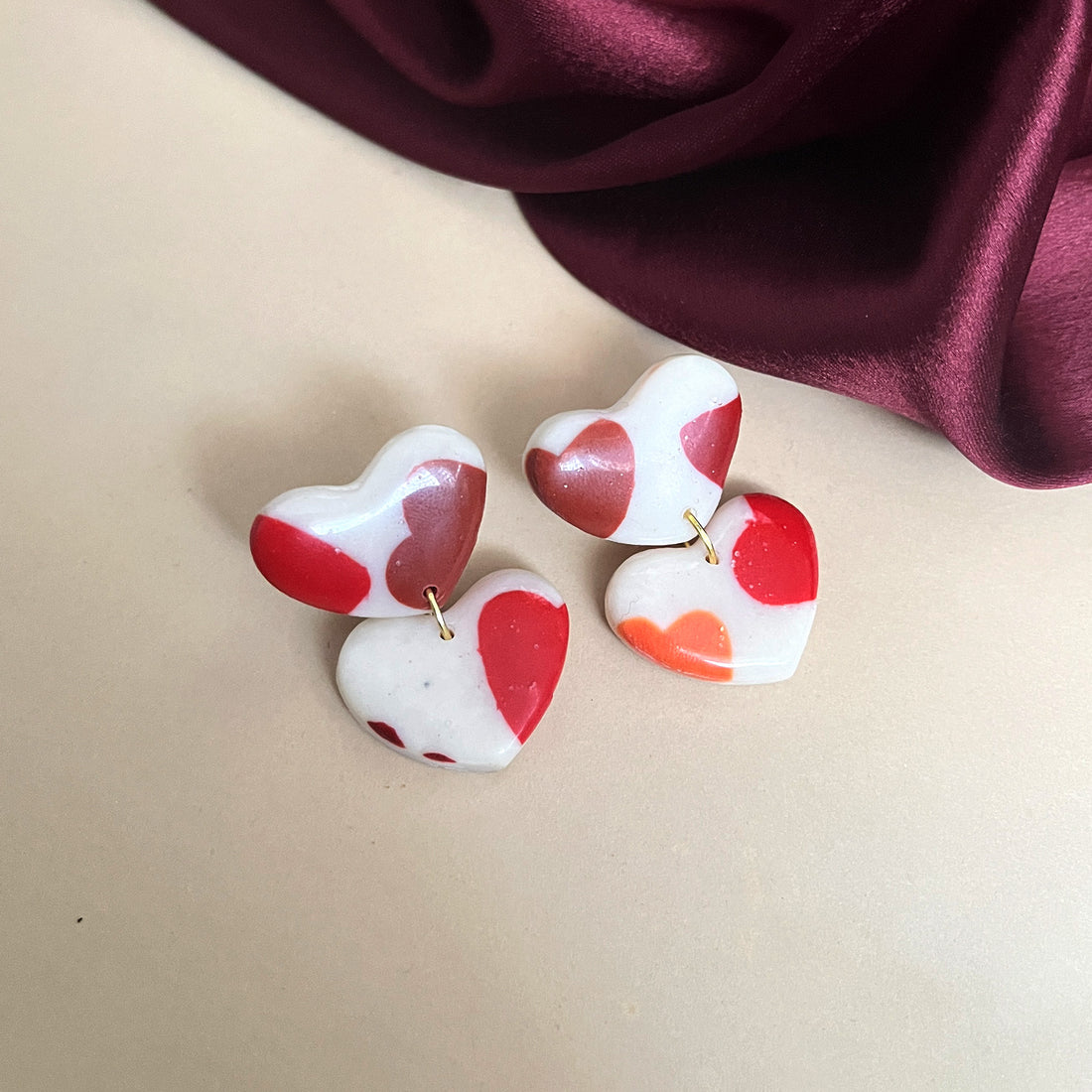 Cream and red clay earrings for women