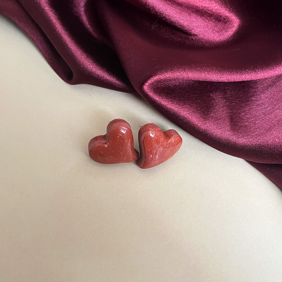Crimson red glossy heart clay earrings