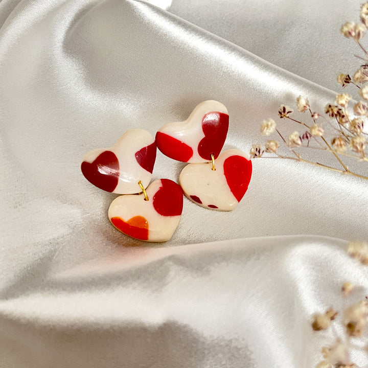 Polka dot double heart clay earrings