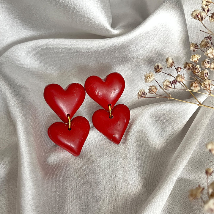 Double red heart polymer clay earring