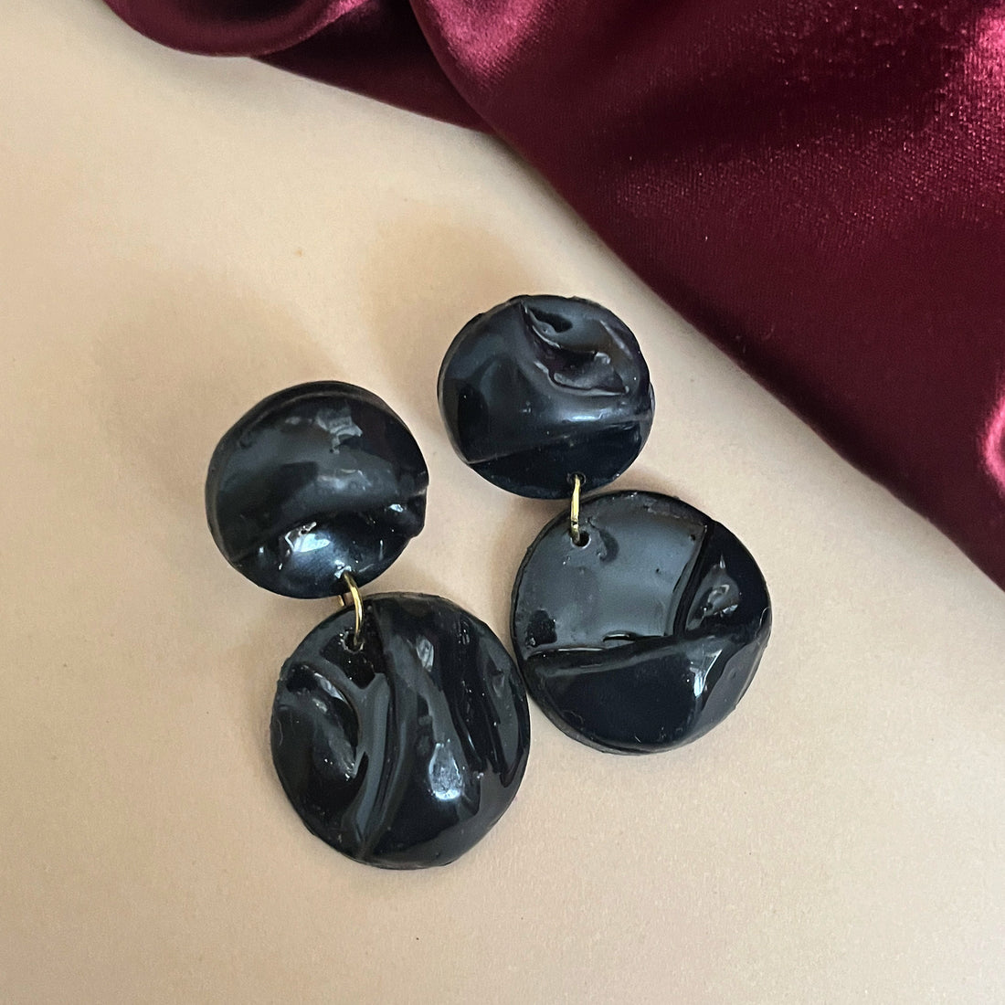 Glossy black textured clay drop earrings