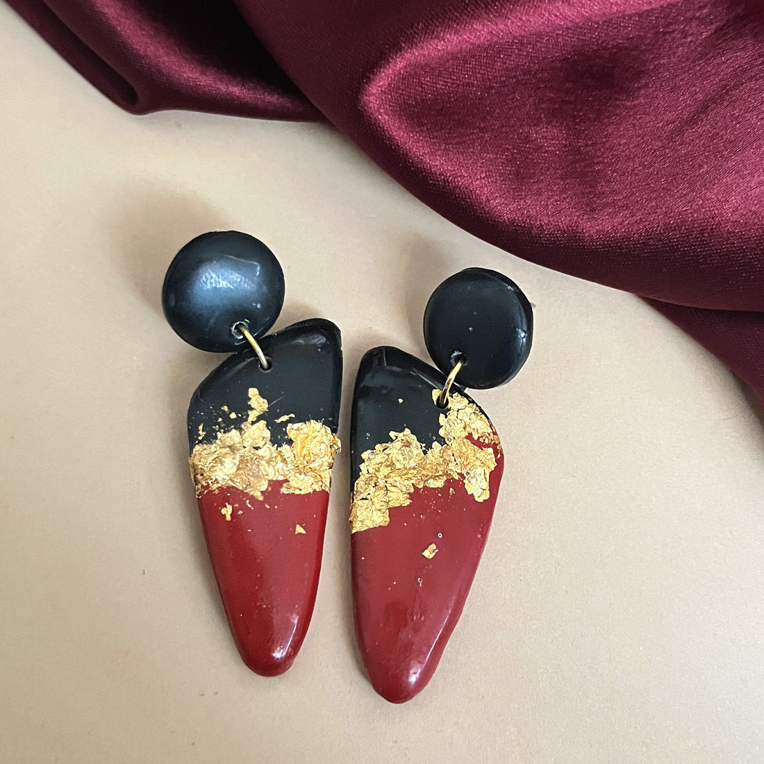 Handmade red and black drop earrings with gold foil