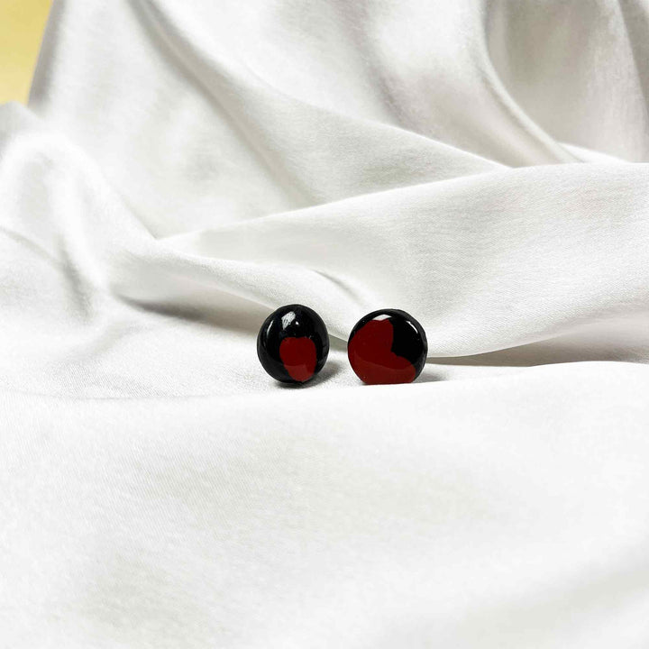 Handmade black and red heart stud earrings