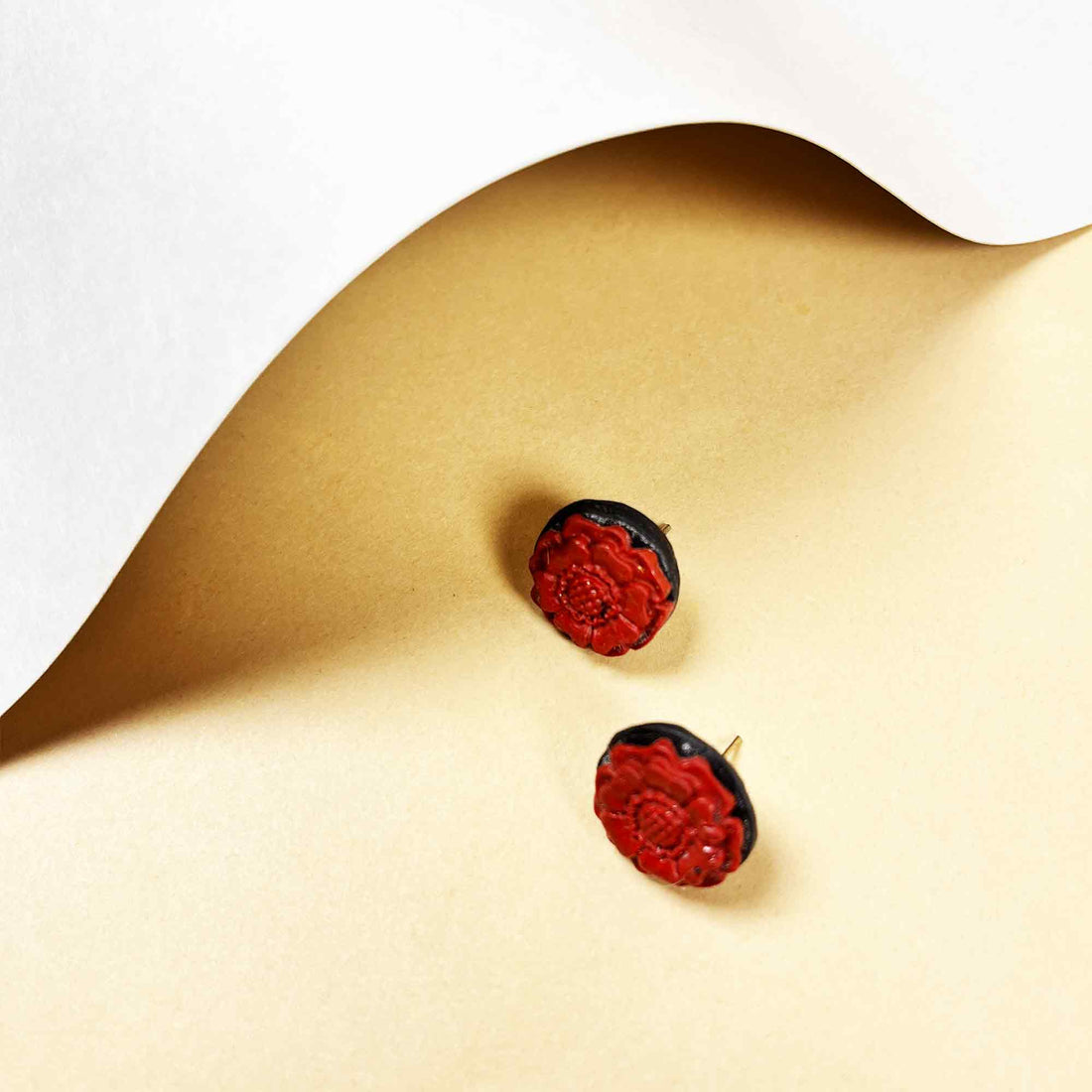 Artisan red flower stud earrings