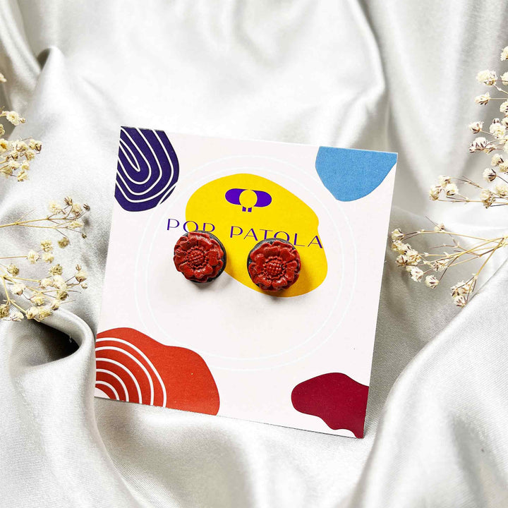 Polymer clay flower earrings on Pop Patola card