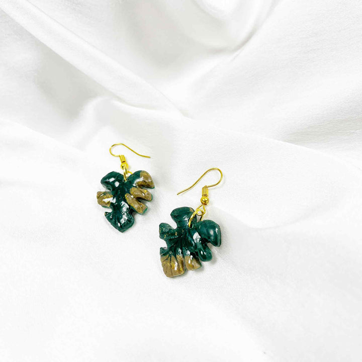 Green and gold tropical palm clay earrings